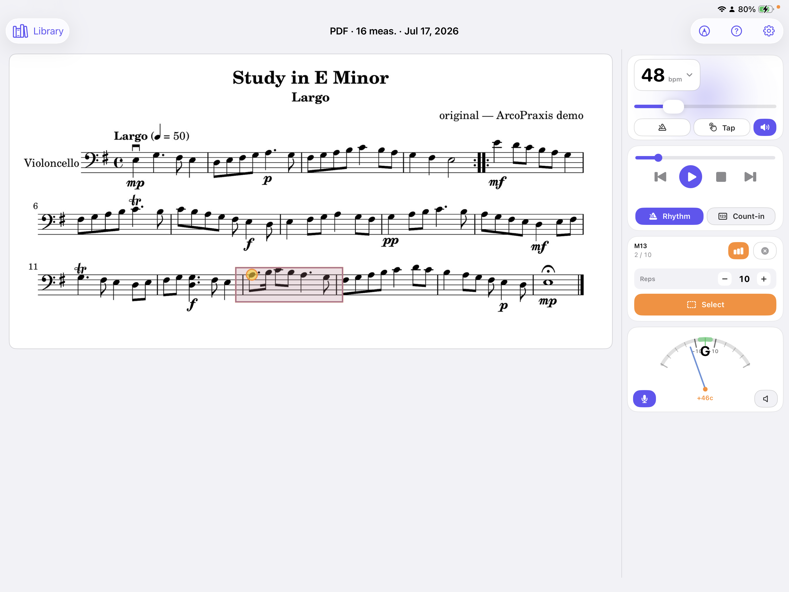 ArcoPraxis on iPad with metronome at 48 bpm, loop tools, and a live tuner reading G