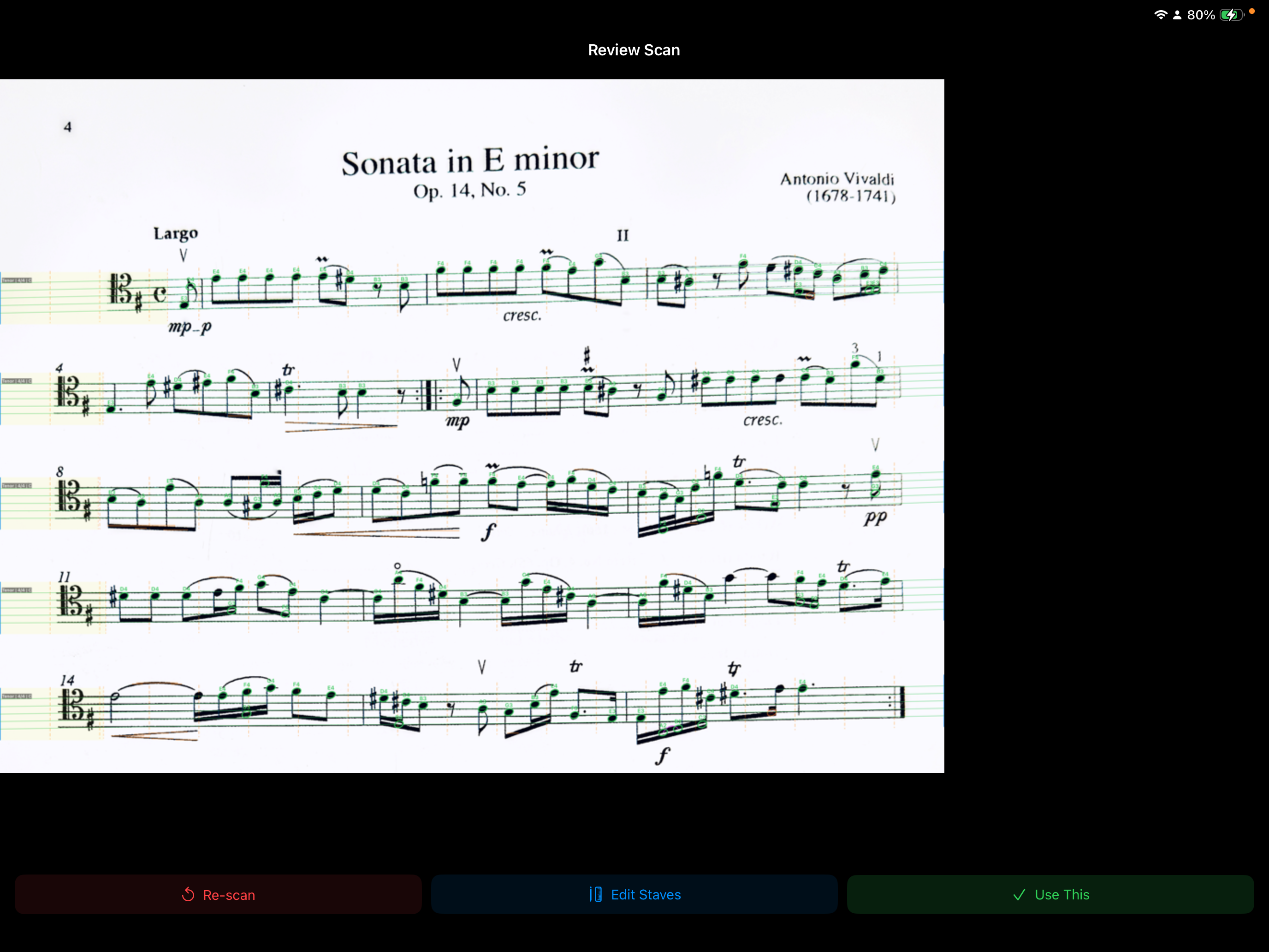 Review Scan screen showing detected noteheads highlighted in green on a Vivaldi score