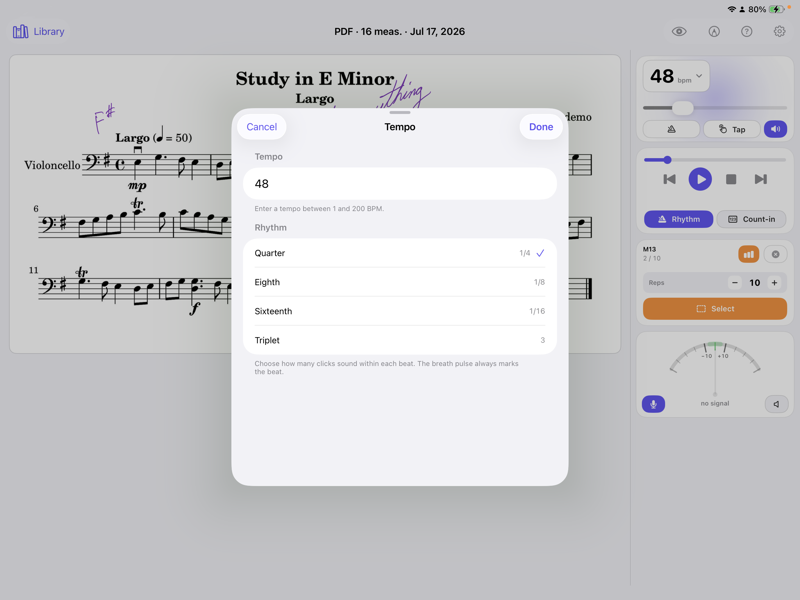 ArcoPraxis tempo settings on iPad — set any BPM from 1 to 200 with subdivision options