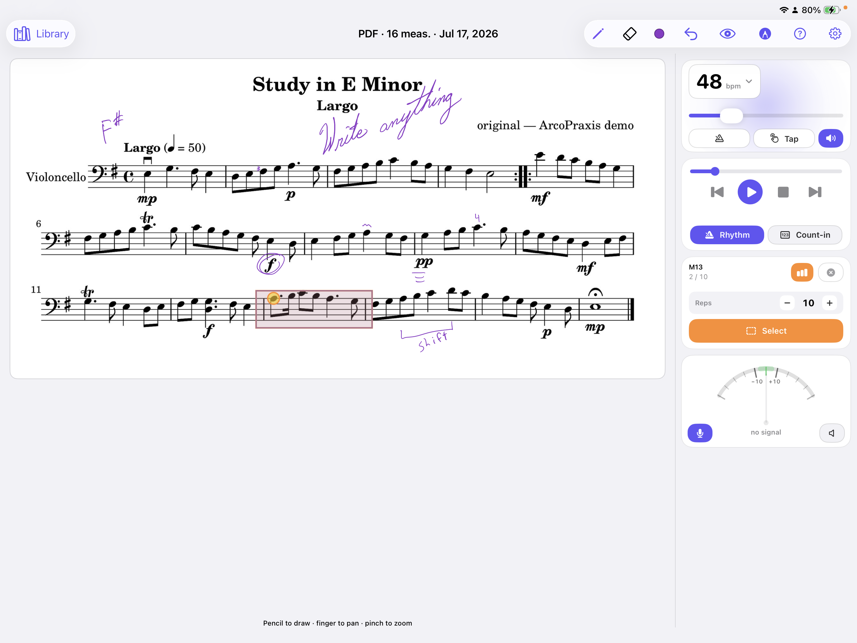 ArcoPraxis on iPad — score practice with metronome, loop selection, and annotations