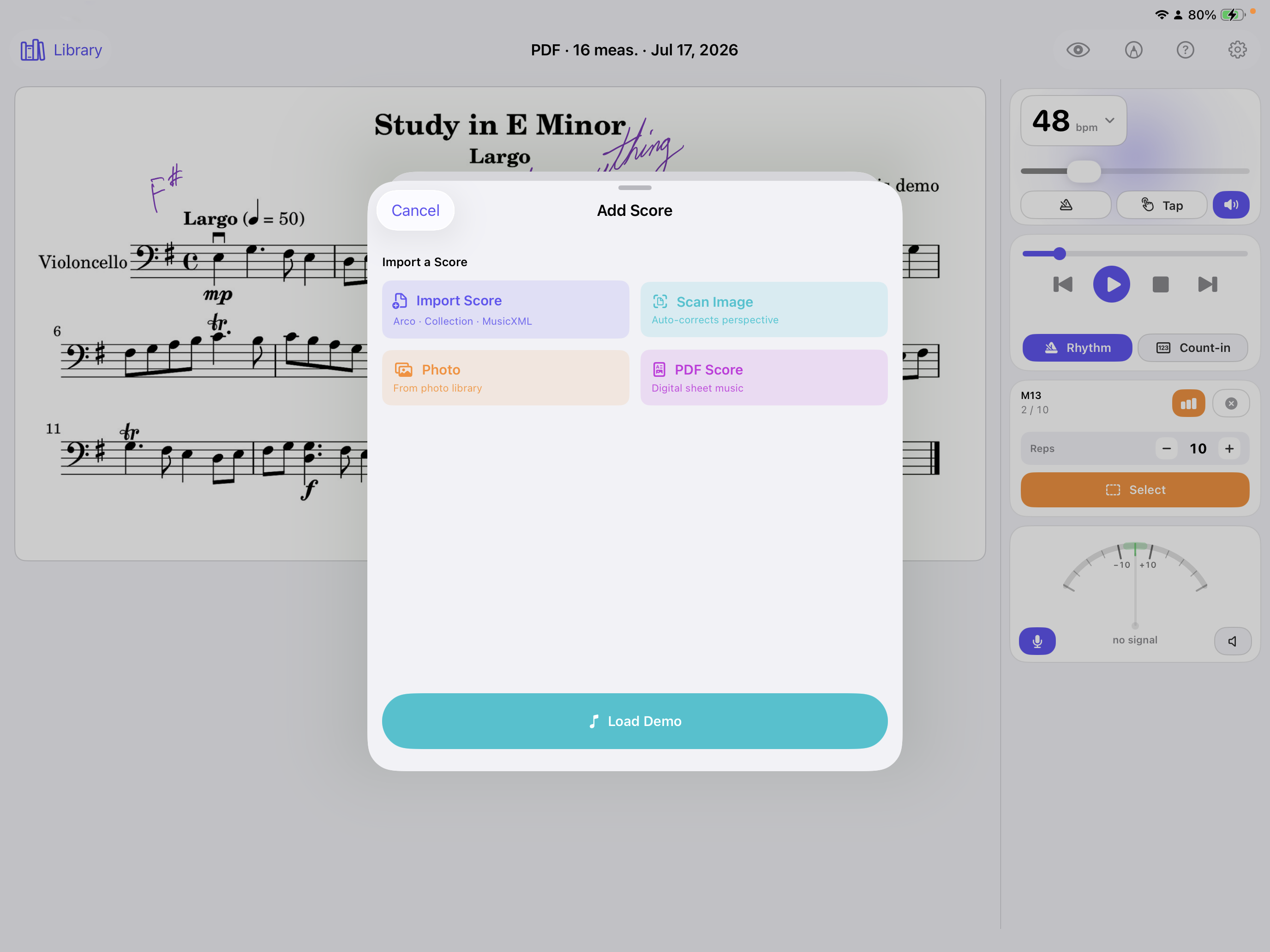 Add Score dialog with Import Score, Scan Image, Photo, and PDF Score options