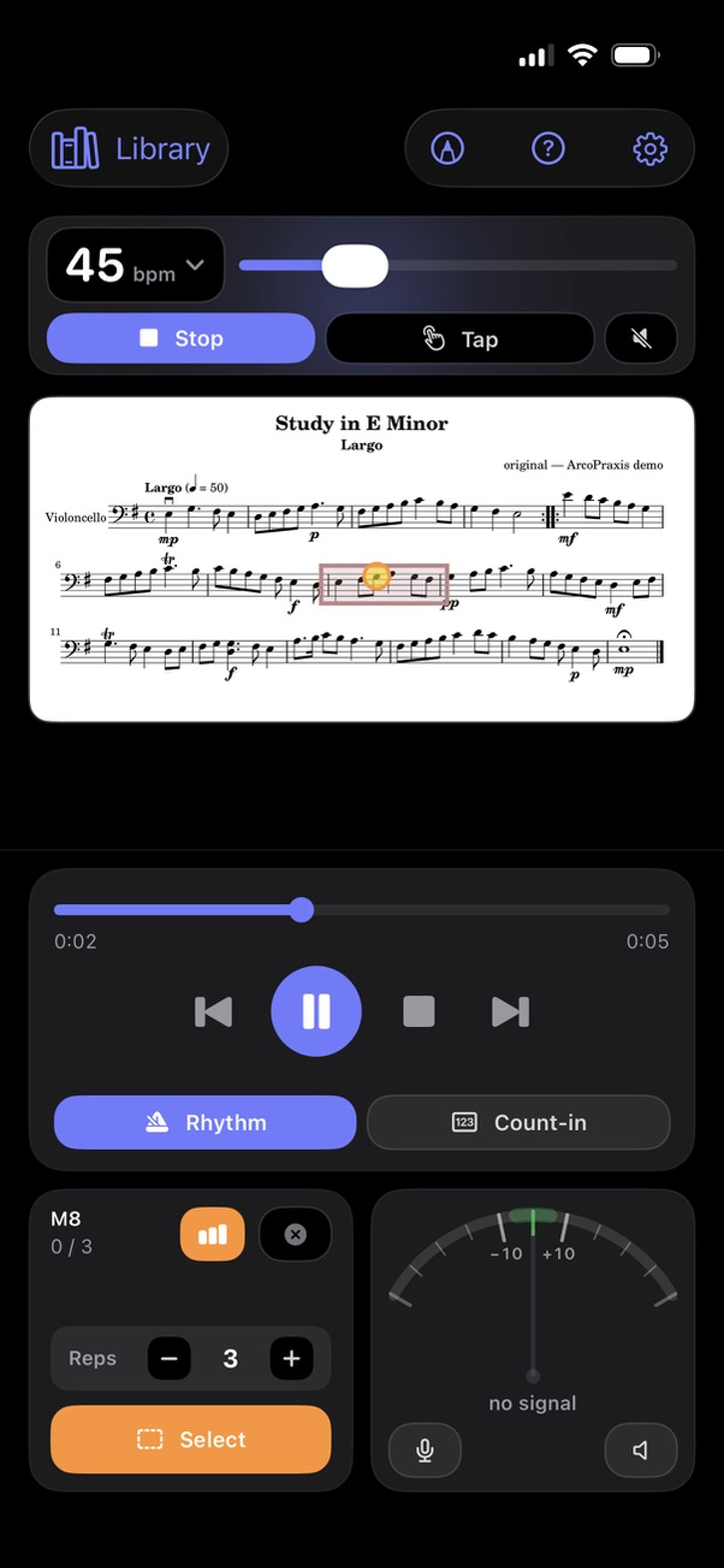 ArcoPraxis on iPhone — looped measure practice with tempo, rhythm, and tuner